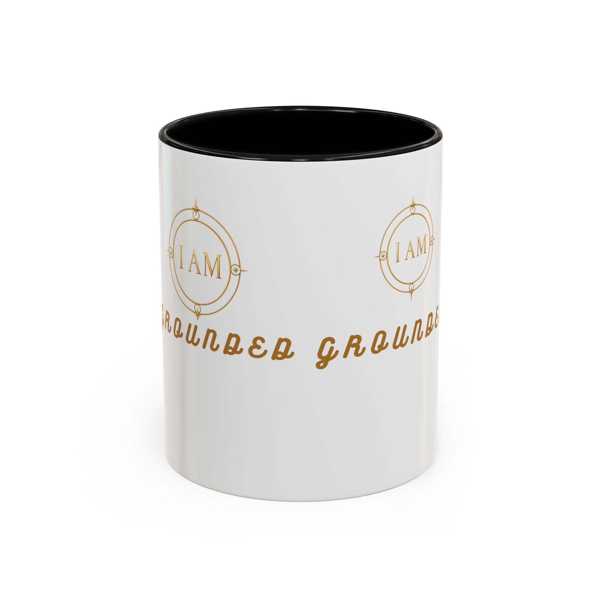 I AM Grounded Accent Coffee Mug — Inspirational Gold Script Ceramic Mug