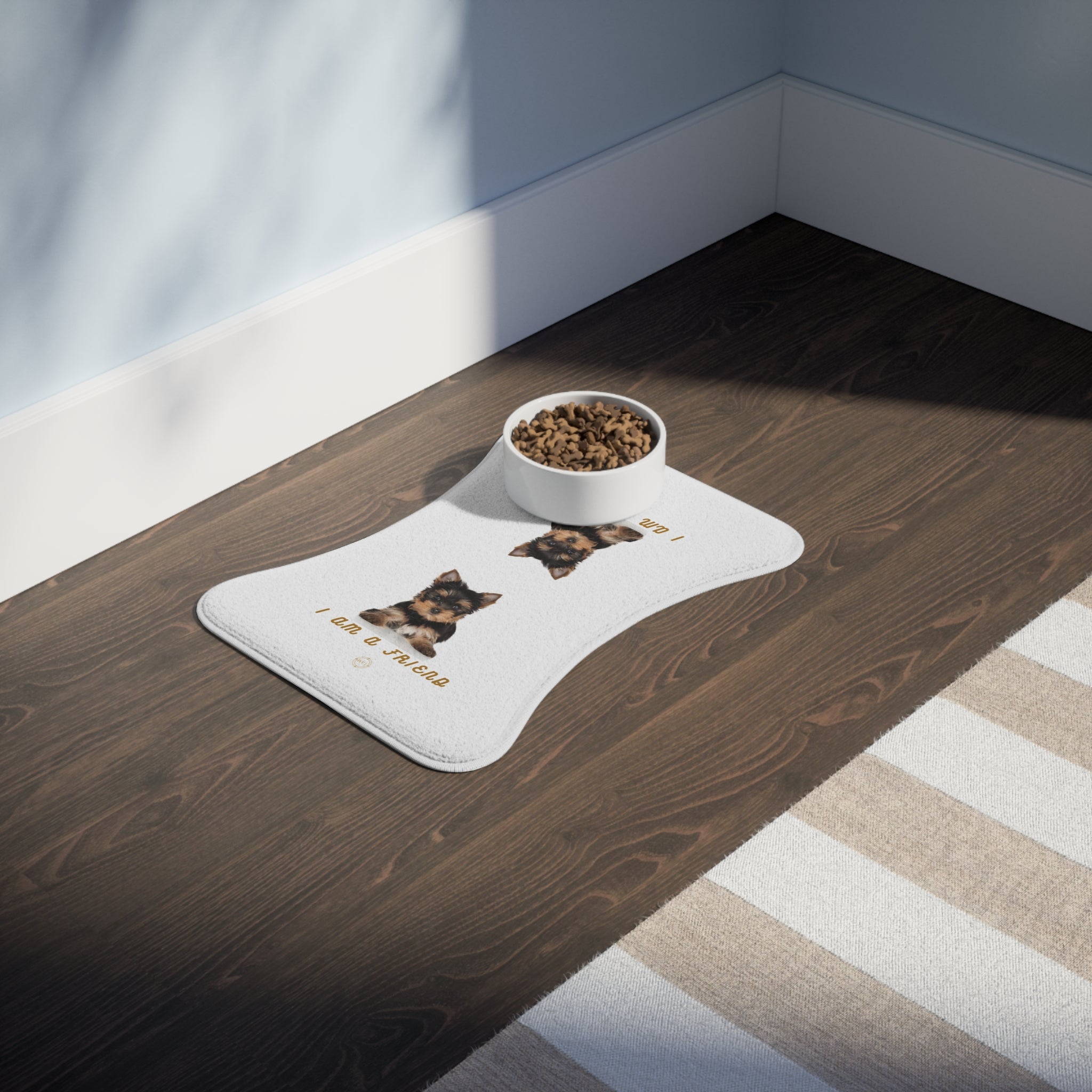Yorkshire Terrier Pet Feeding Mat — "I Am a Friend" Non-Slip Dog Bowl Placemat
