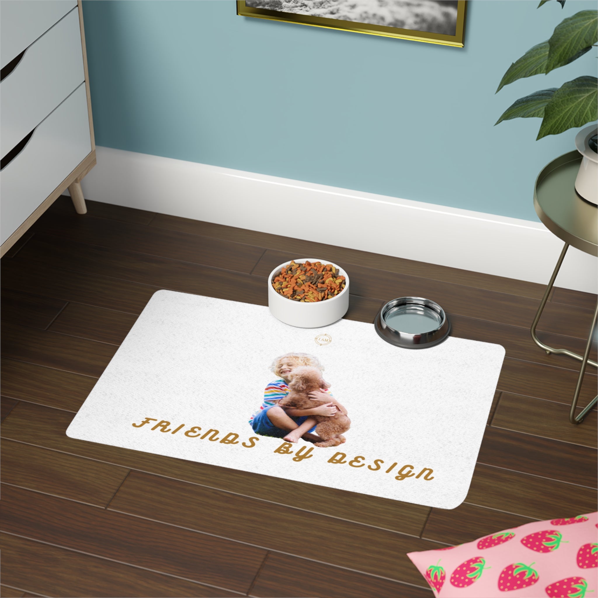 Pet Food Mat — "Friends By Design" Cute Kid & Puppy Feeding Mat (12x18)