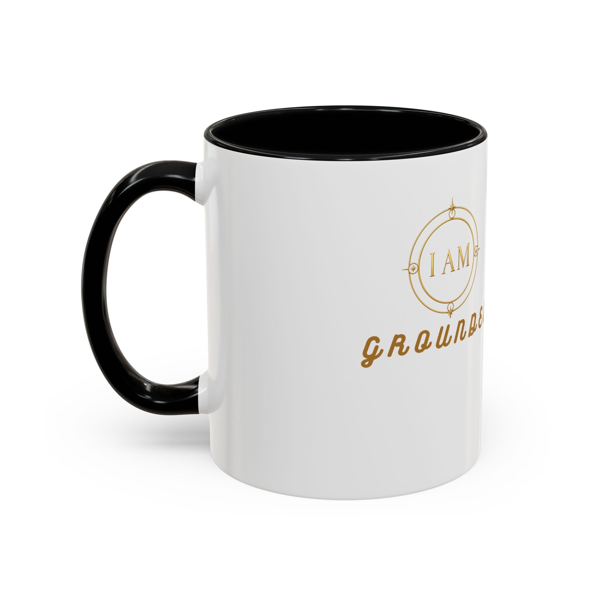 I AM Grounded Accent Coffee Mug — Inspirational Gold Script Ceramic Mug