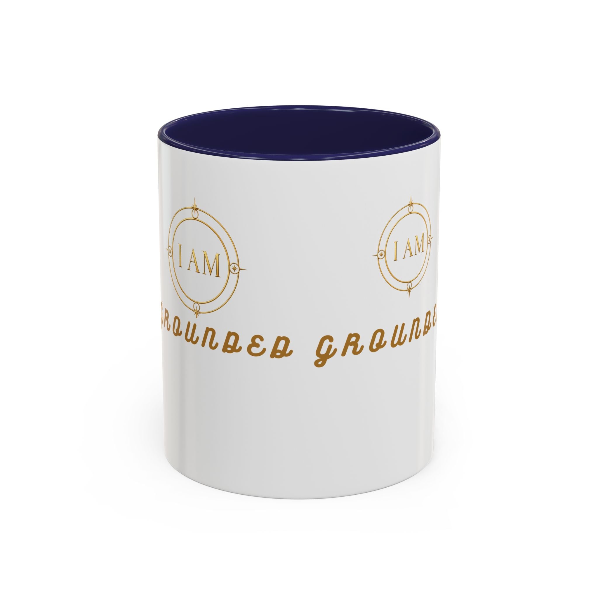 I AM Grounded Accent Coffee Mug — Inspirational Gold Script Ceramic Mug