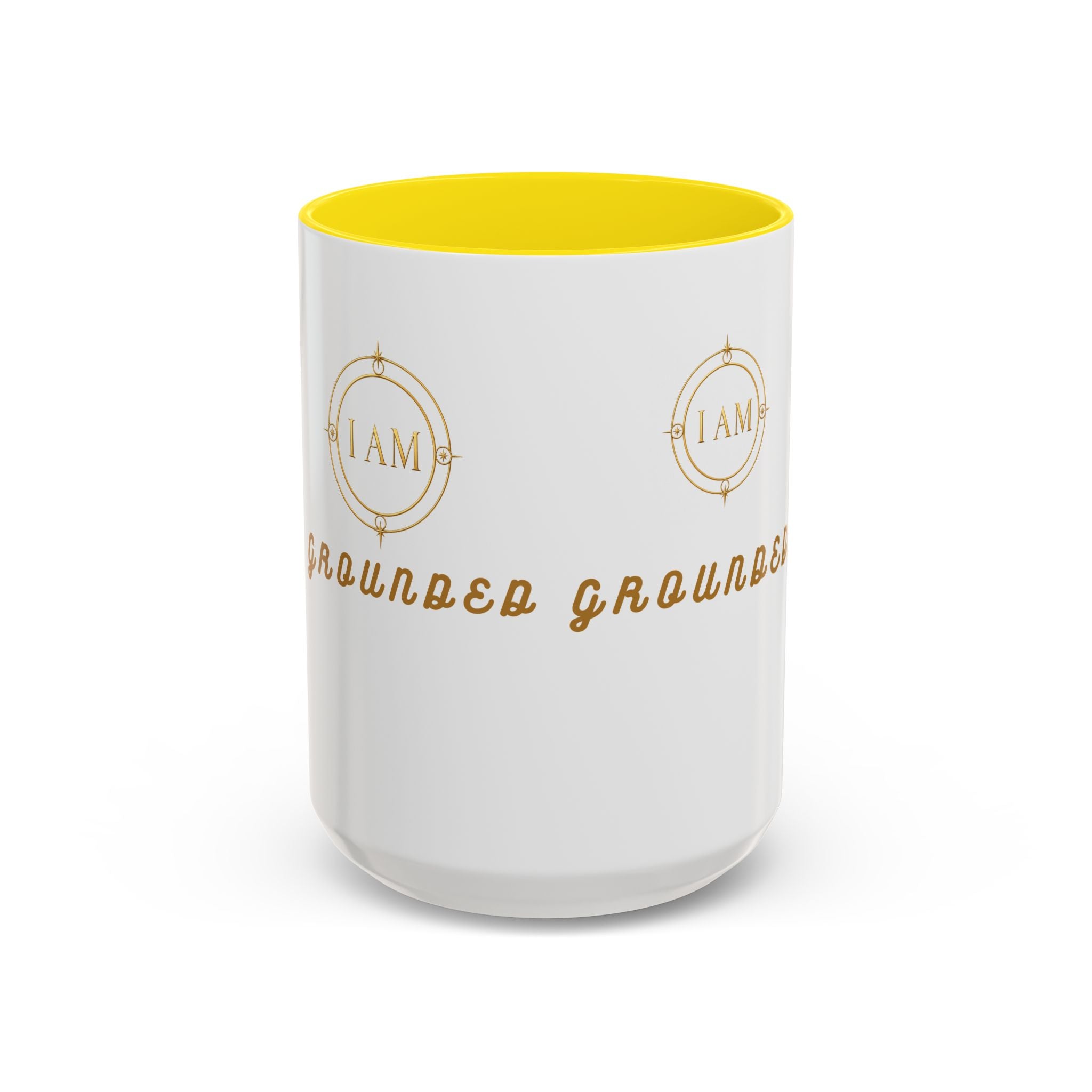 I AM Grounded Accent Coffee Mug — Inspirational Gold Script Ceramic Mug