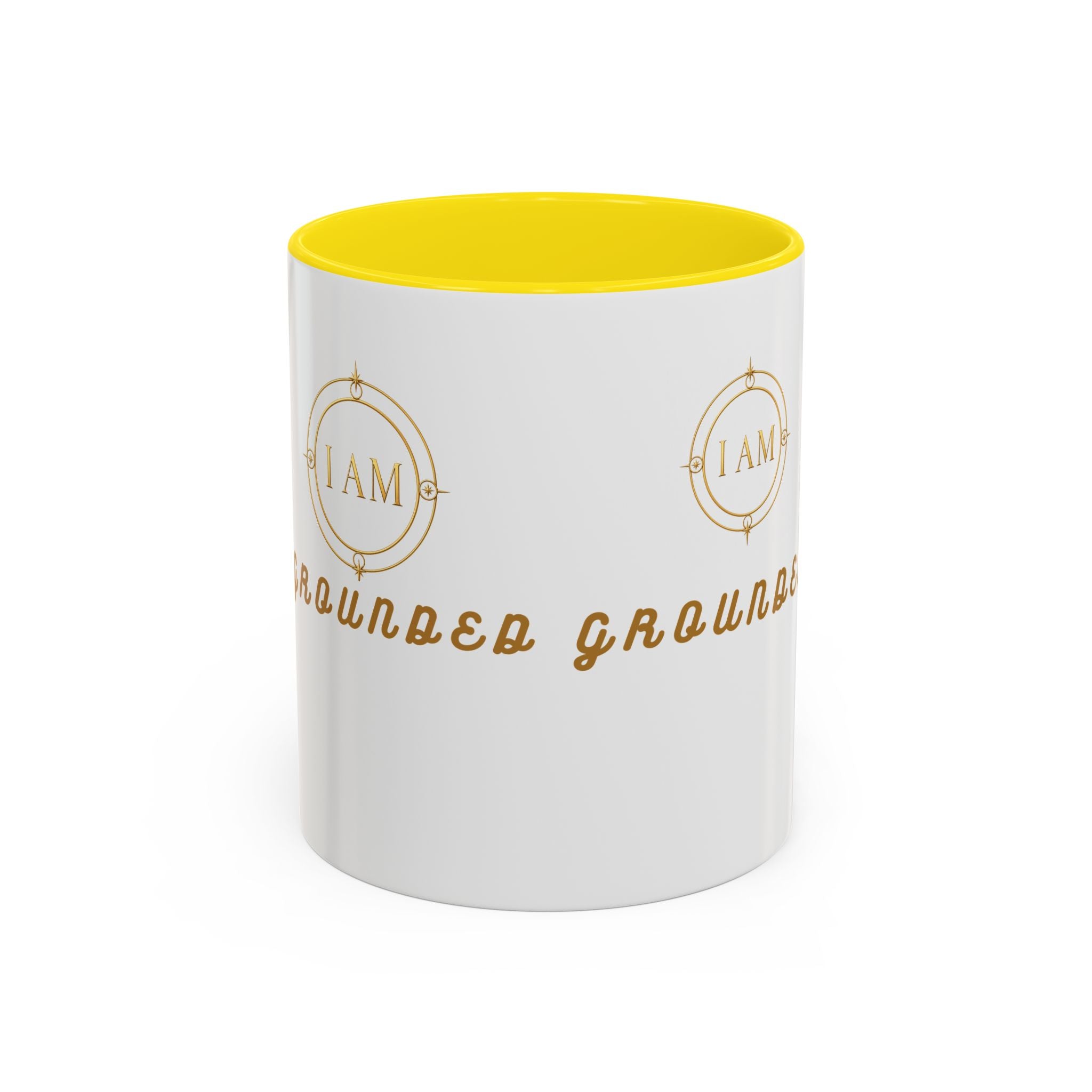I AM Grounded Accent Coffee Mug — Inspirational Gold Script Ceramic Mug