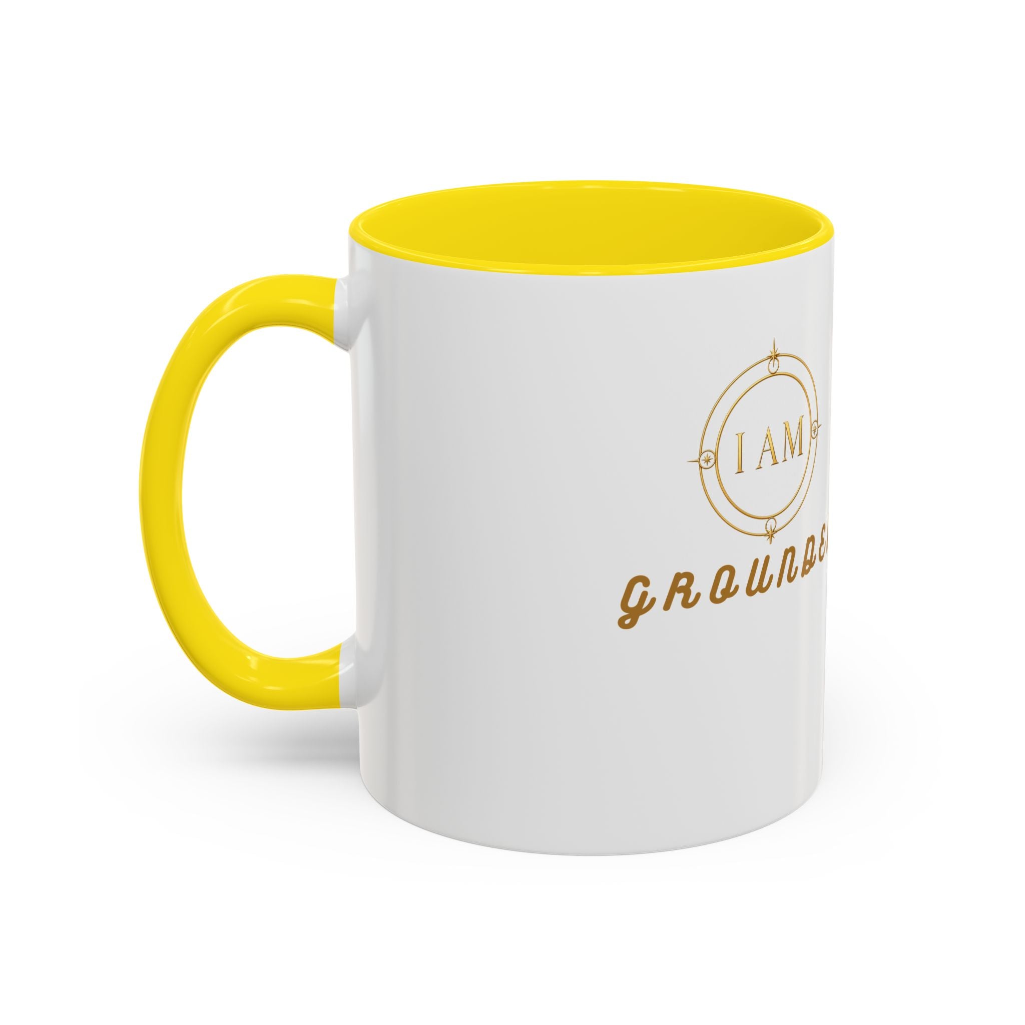 I AM Grounded Accent Coffee Mug — Inspirational Gold Script Ceramic Mug