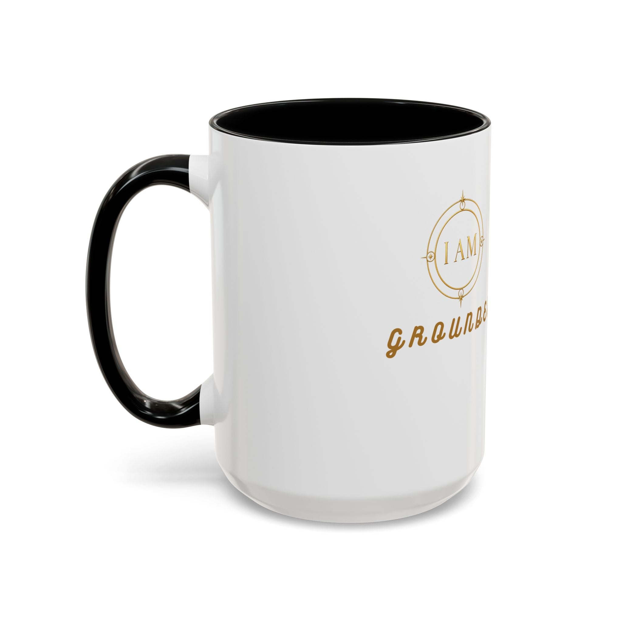 I AM Grounded Accent Coffee Mug — Inspirational Gold Script Ceramic Mug